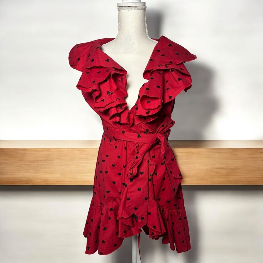 Vintage bebe Red Ruffled Heart Print Wrap Dress